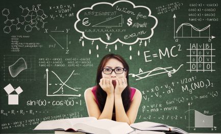 Picture of overwhelmed student surrounded by intimidating math formulas